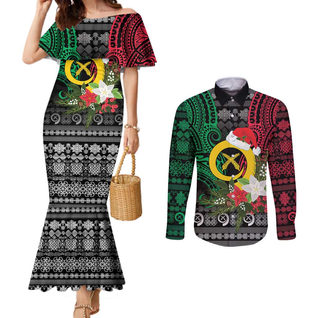 Vanuatu Pig's Tusk Meri Krismas! Couples Matching Mermaid Dress and Long Sleeve Button Shirt Vanuatuan Ancient Art Spirit LT9 Black - Polynesian Pride