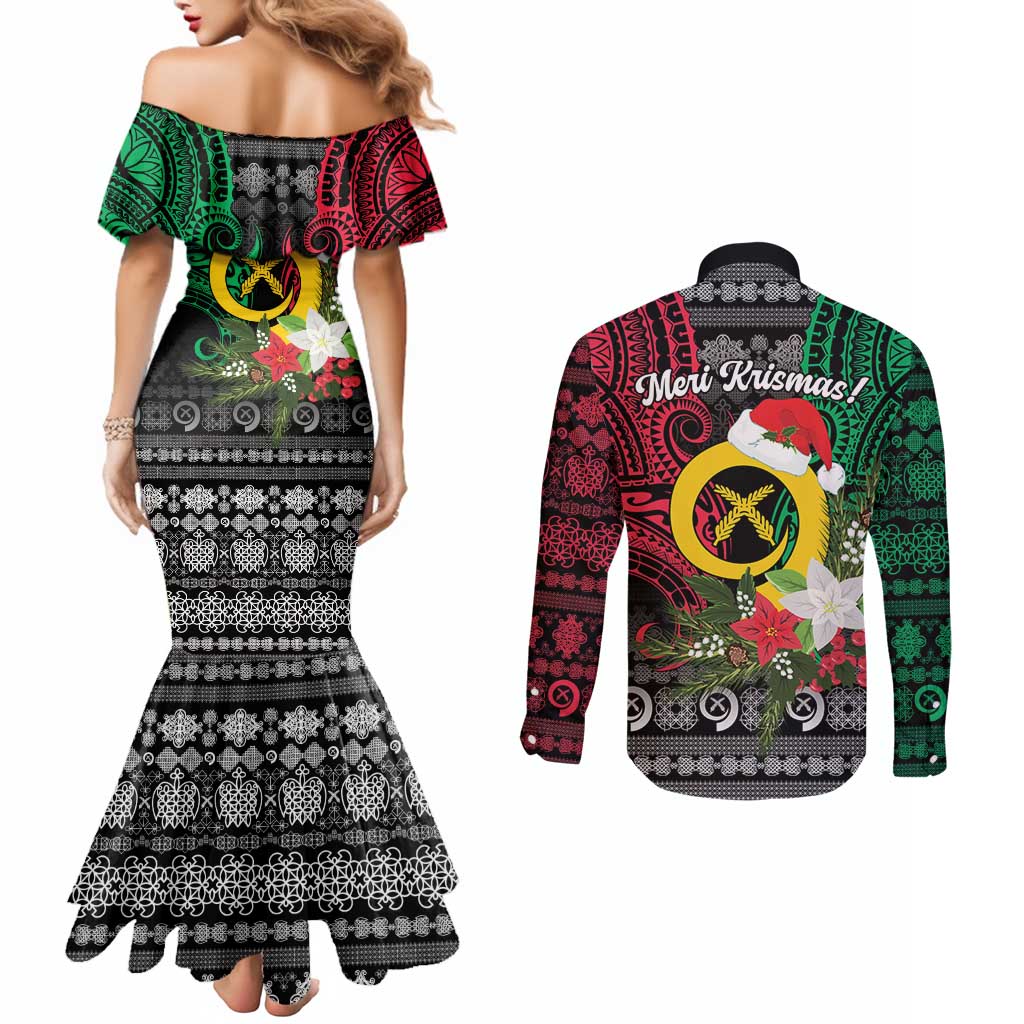 Vanuatu Pig's Tusk Meri Krismas! Couples Matching Mermaid Dress and Long Sleeve Button Shirt Vanuatuan Ancient Art Spirit LT9 - Polynesian Pride