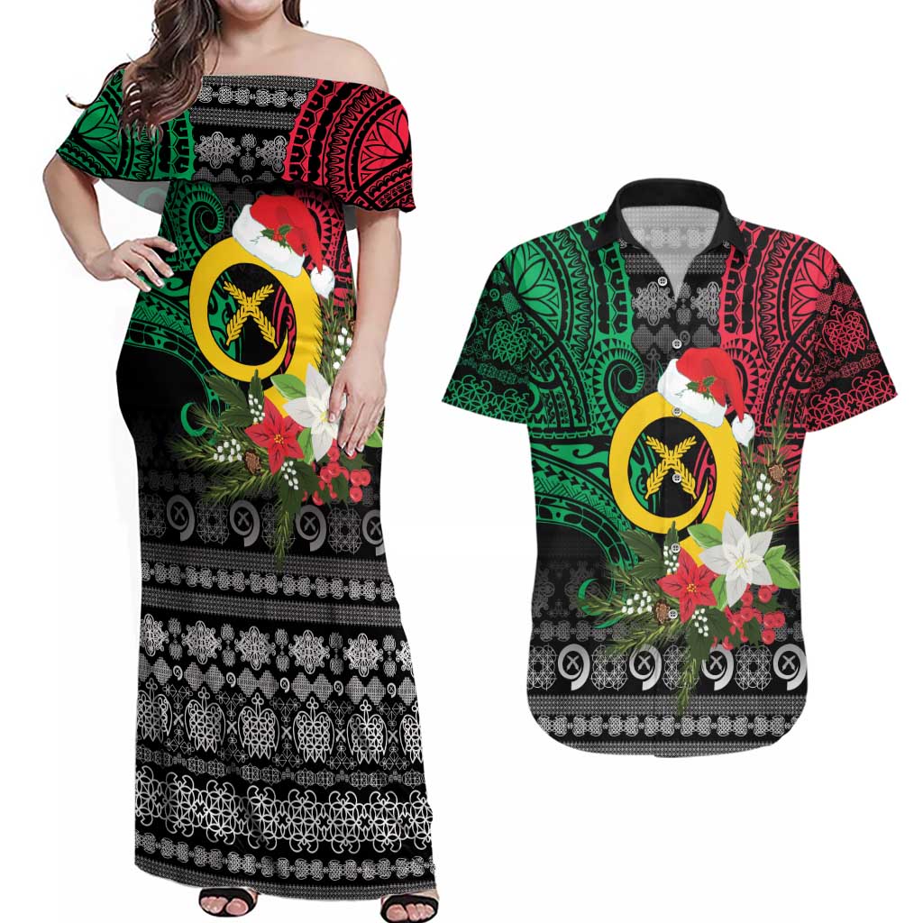Vanuatu Pig's Tusk Meri Krismas! Couples Matching Off Shoulder Maxi Dress and Hawaiian Shirt Vanuatuan Ancient Art Spirit LT9 Black - Polynesian Pride