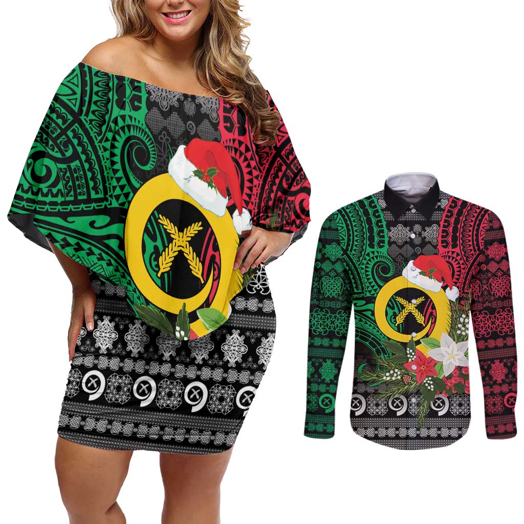 Vanuatu Pig's Tusk Meri Krismas! Couples Matching Off Shoulder Short Dress and Long Sleeve Button Shirt Vanuatuan Ancient Art Spirit LT9 Black - Polynesian Pride