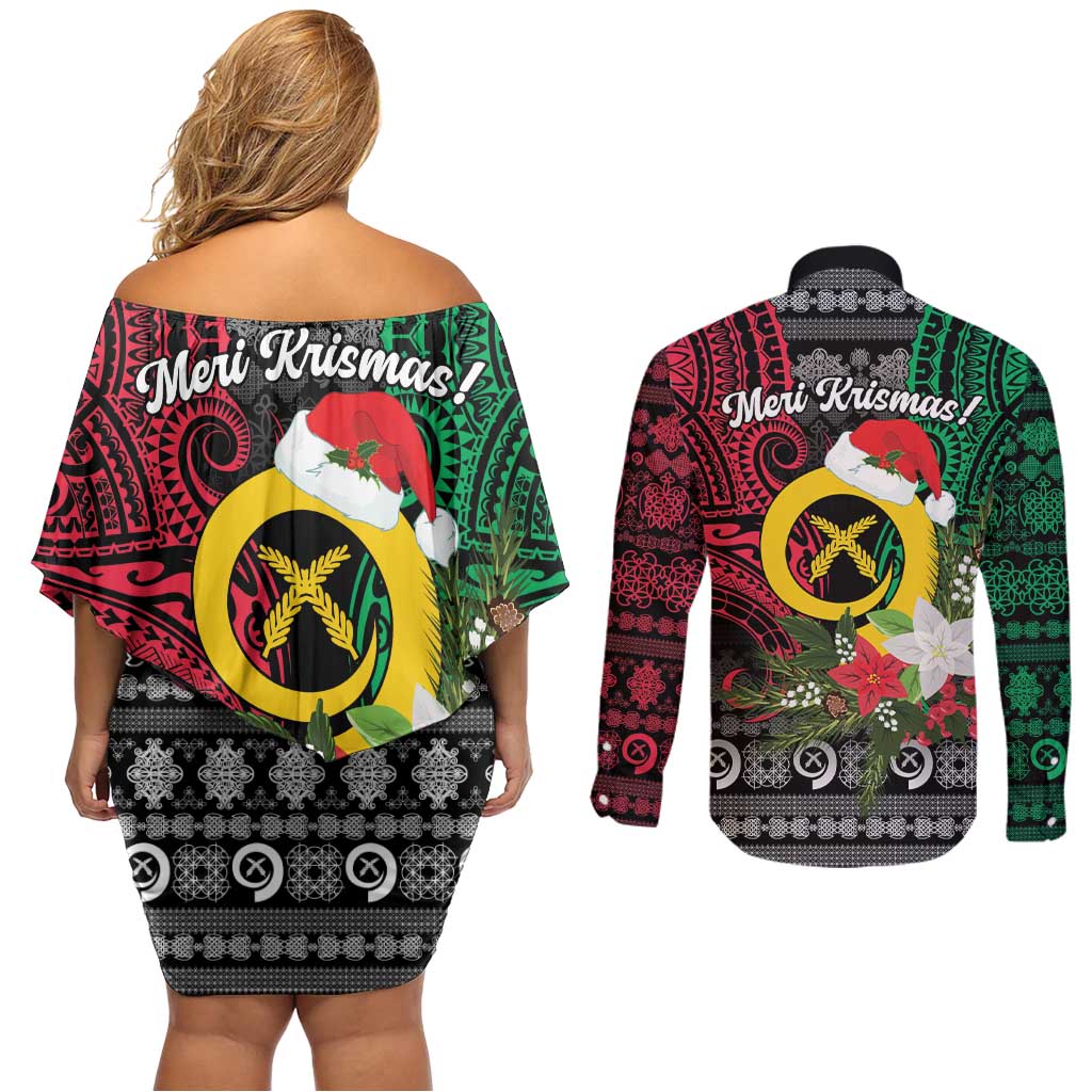Vanuatu Pig's Tusk Meri Krismas! Couples Matching Off Shoulder Short Dress and Long Sleeve Button Shirt Vanuatuan Ancient Art Spirit LT9 - Polynesian Pride
