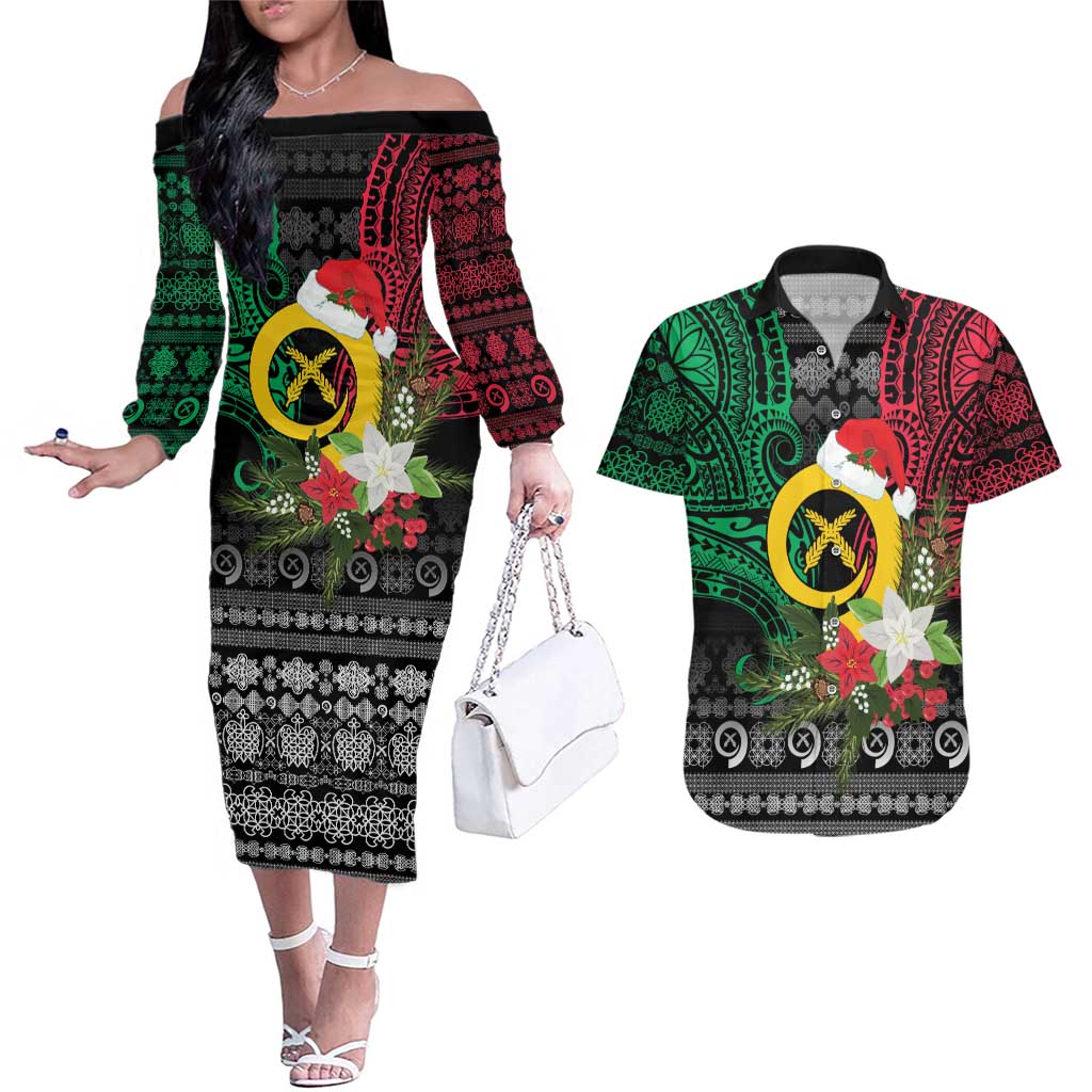 Vanuatu Pig's Tusk Meri Krismas! Couples Matching Off The Shoulder Long Sleeve Dress and Hawaiian Shirt Vanuatuan Ancient Art Spirit LT9 Black - Polynesian Pride