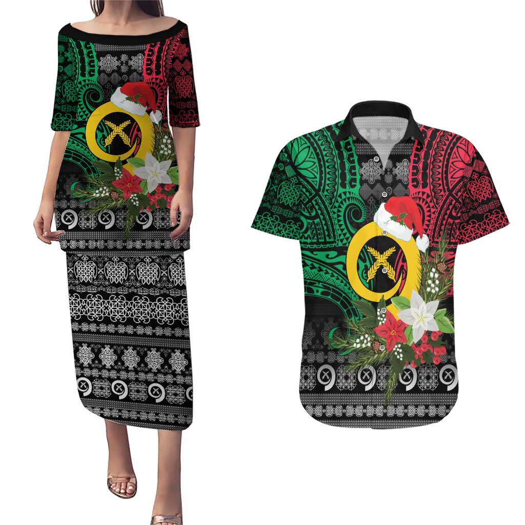 Vanuatu Pig's Tusk Meri Krismas! Couples Matching Puletasi and Hawaiian Shirt Vanuatuan Ancient Art Spirit LT9 Black - Polynesian Pride