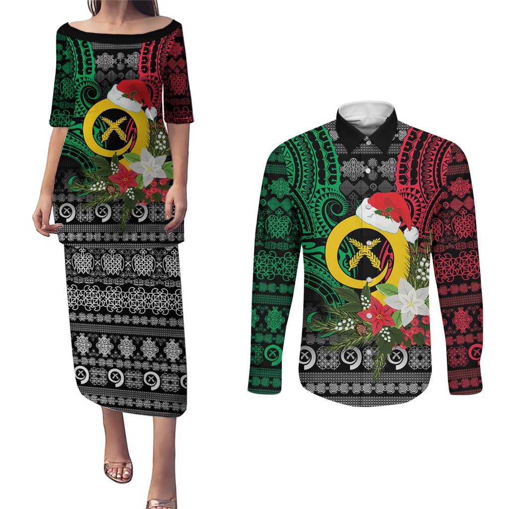 Vanuatu Pig's Tusk Meri Krismas! Couples Matching Puletasi and Long Sleeve Button Shirt Vanuatuan Ancient Art Spirit - Polynesian Pride