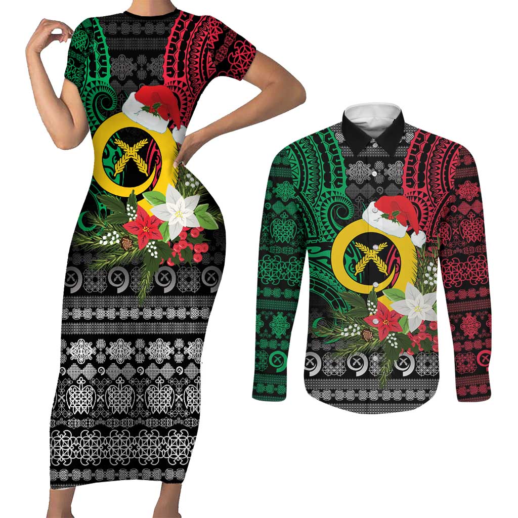 Vanuatu Pig's Tusk Meri Krismas! Couples Matching Short Sleeve Bodycon Dress and Long Sleeve Button Shirt Vanuatuan Ancient Art Spirit - Polynesian Pride