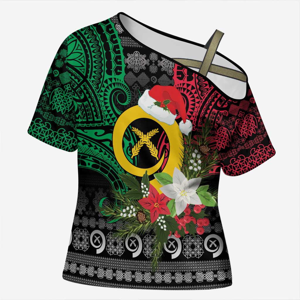 Vanuatu Pig's Tusk Meri Krismas! Cross Shoulder Shirt Vanuatuan Ancient Art Spirit LT9 Female Black - Polynesian Pride