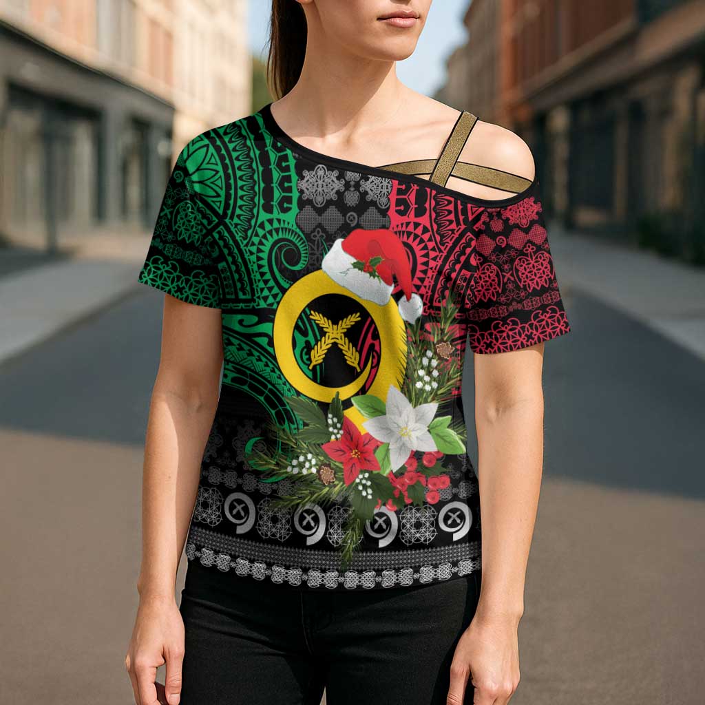 Vanuatu Pig's Tusk Meri Krismas! Cross Shoulder Shirt Vanuatuan Ancient Art Spirit LT9 - Polynesian Pride