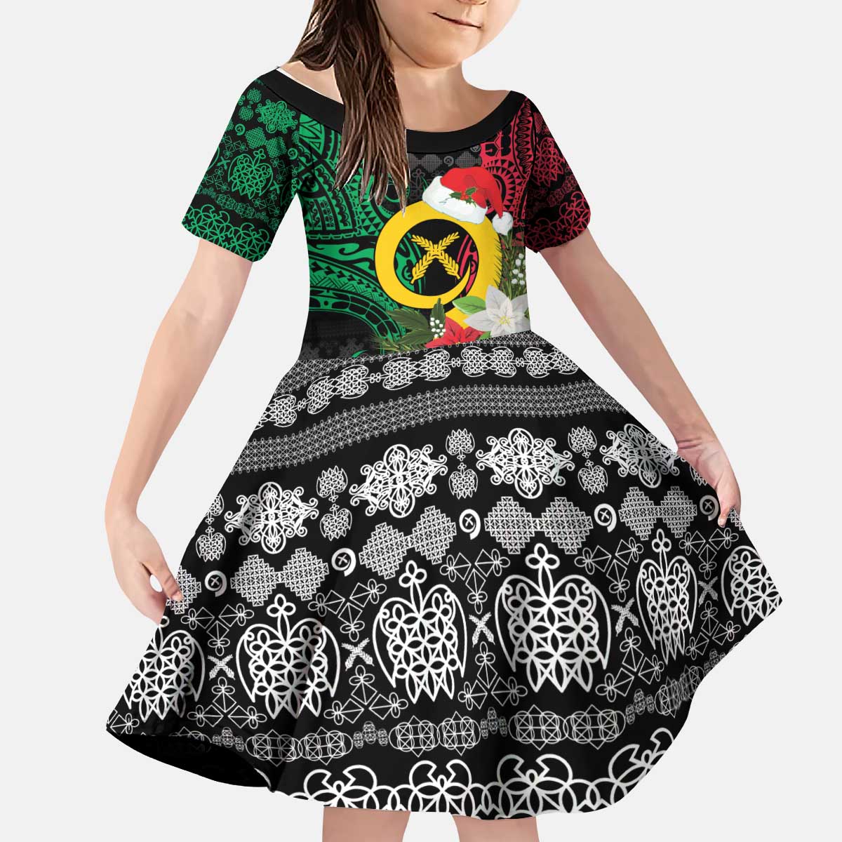 Vanuatu Pig's Tusk Meri Krismas! Kid Short Sleeve Dress Vanuatuan Ancient Art Spirit LT9 KID Black - Polynesian Pride
