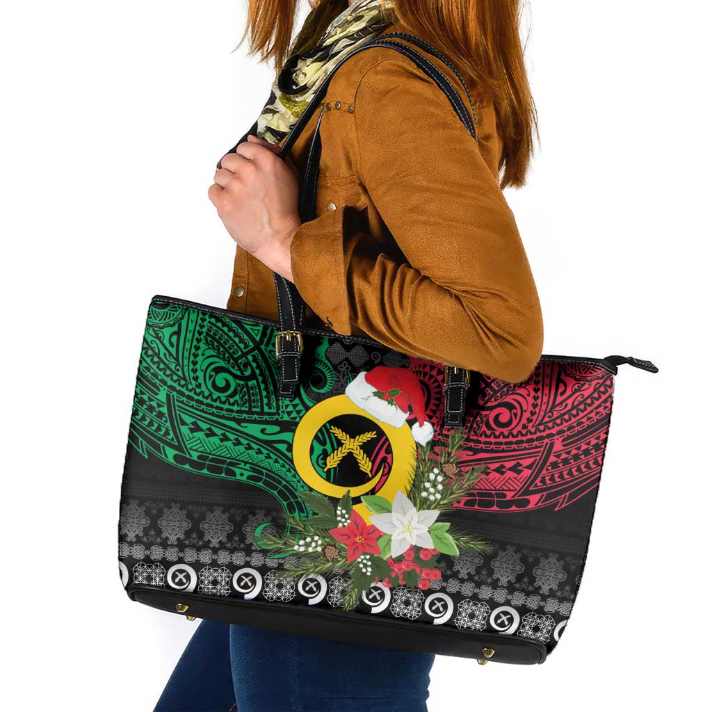Vanuatu Pig's Tusk Meri Krismas! Leather Tote Bag Vanuatuan Ancient Art Spirit LT9 Black - Polynesian Pride