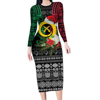 Vanuatu Pig's Tusk Meri Krismas! Long Sleeve Bodycon Dress Vanuatuan Ancient Art Spirit LT9 Long Dress Black - Polynesian Pride