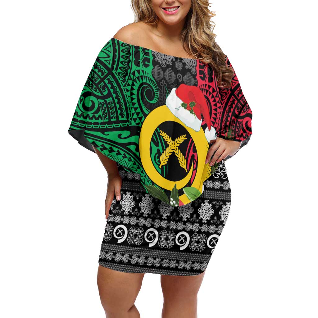 Vanuatu Pig's Tusk Meri Krismas! Off Shoulder Short Dress Vanuatuan Ancient Art Spirit LT9 Women Black - Polynesian Pride