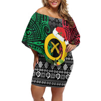 Vanuatu Pig's Tusk Meri Krismas! Off Shoulder Short Dress Vanuatuan Ancient Art Spirit LT9 Women Black - Polynesian Pride