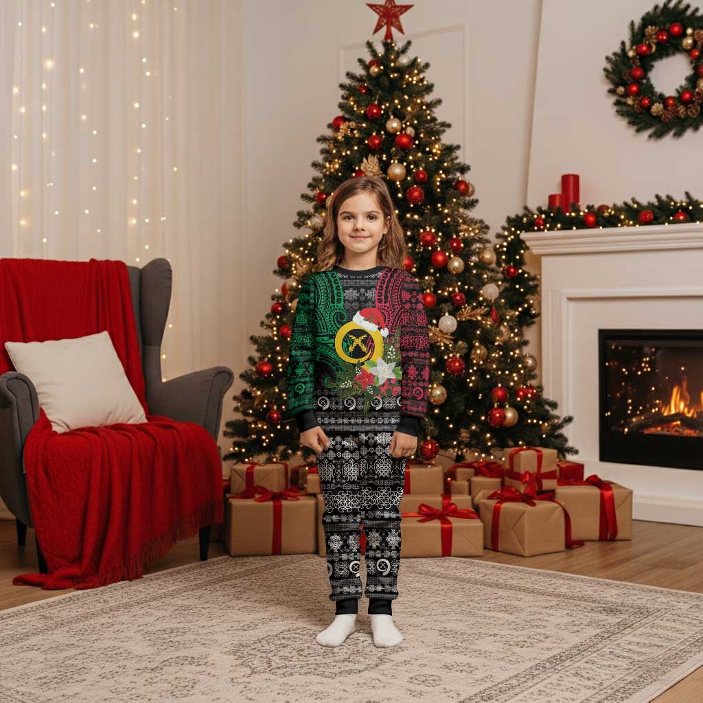 Vanuatu Pig's Tusk Meri Krismas! Christmas Pajama Set Vanuatuan Ancient Art Spirit LT9 Kid Black - Polynesian Pride