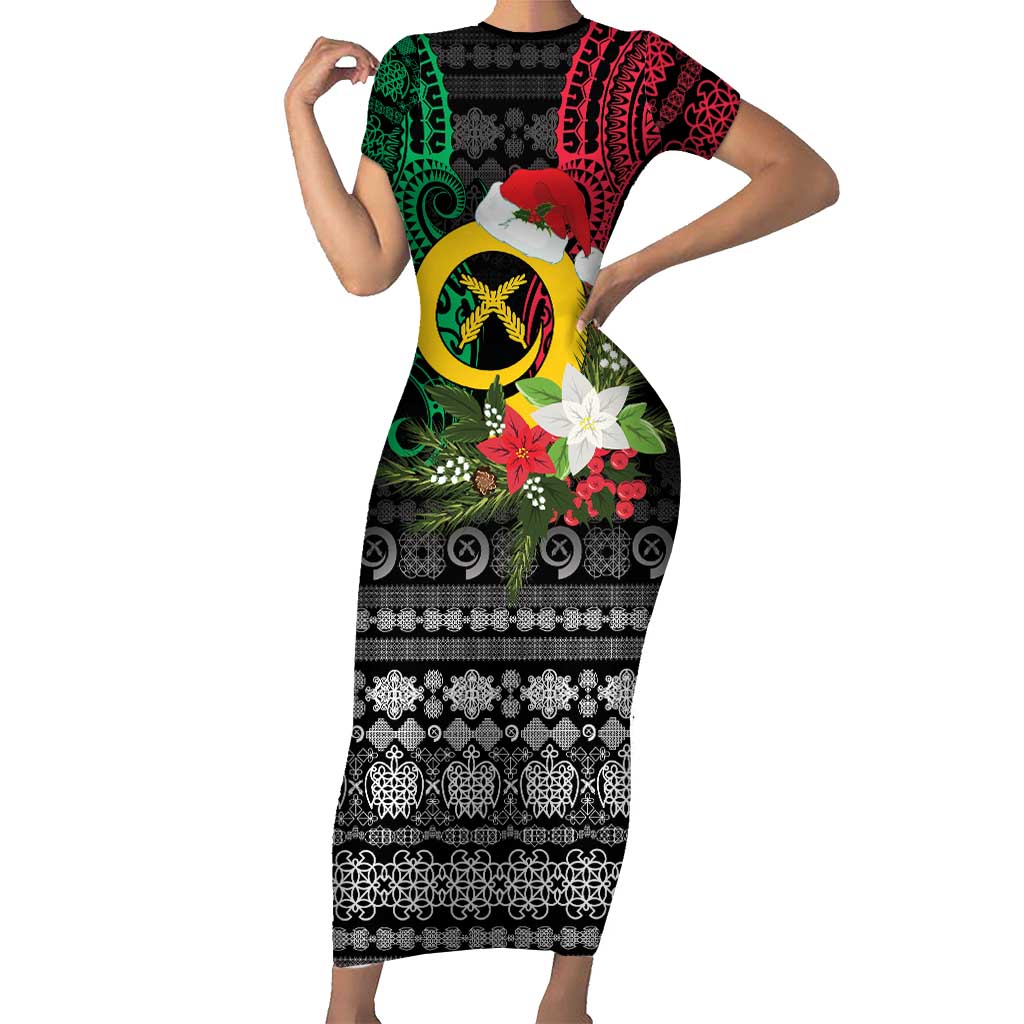 Vanuatu Pig's Tusk Meri Krismas! Short Sleeve Bodycon Dress Vanuatuan Ancient Art Spirit LT9 Long Dress Black - Polynesian Pride