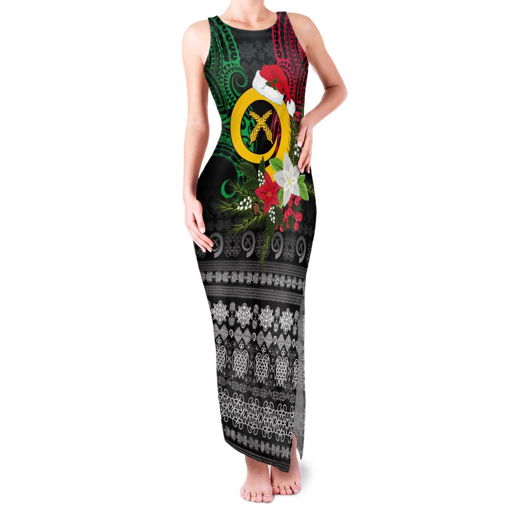 Vanuatu Pig's Tusk Meri Krismas! Tank Maxi Dress Vanuatuan Ancient Art Spirit LT9 Women Black - Polynesian Pride