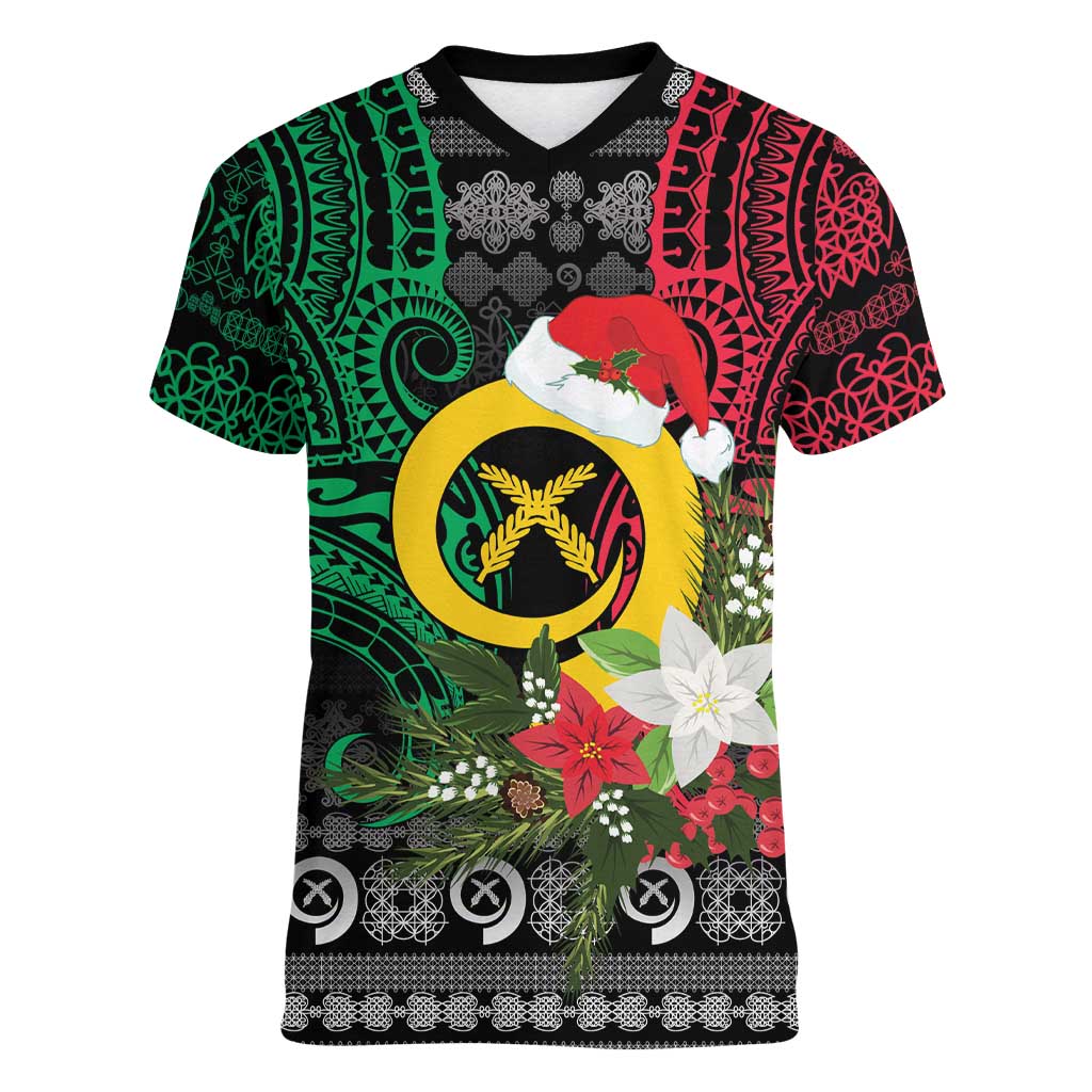 Vanuatu Pig's Tusk Meri Krismas! Women V-Neck T-Shirt Vanuatuan Ancient Art Spirit - Polynesian Pride