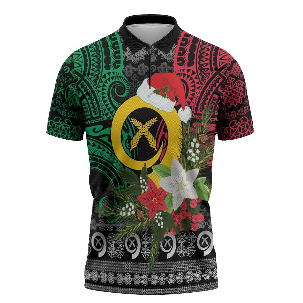 Vanuatu Pig's Tusk Meri Krismas! Zipper Polo Shirt Vanuatuan Ancient Art Spirit LT9 Black - Polynesian Pride