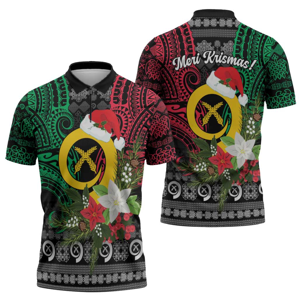 Vanuatu Pig's Tusk Meri Krismas! Zipper Polo Shirt Vanuatuan Ancient Art Spirit LT9 - Polynesian Pride