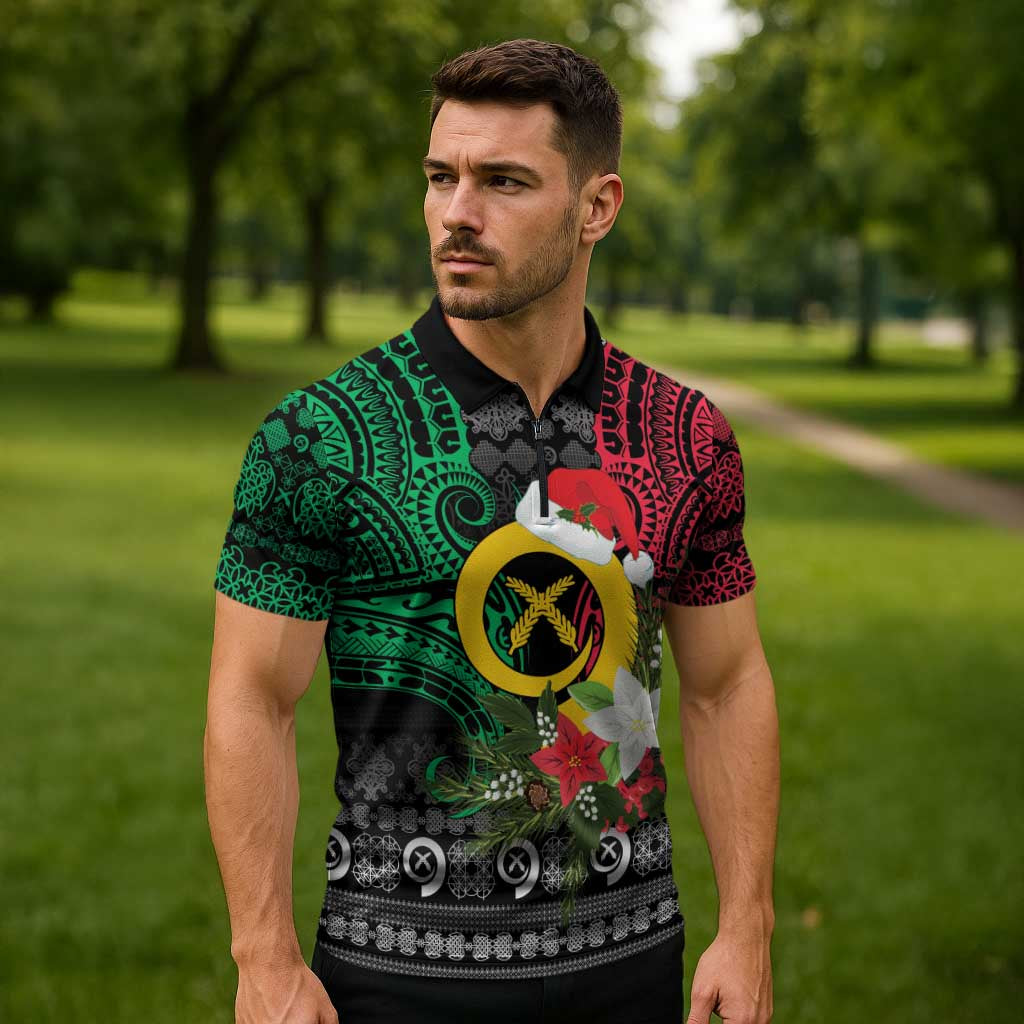 Vanuatu Pig's Tusk Meri Krismas! Zipper Polo Shirt Vanuatuan Ancient Art Spirit LT9 - Polynesian Pride