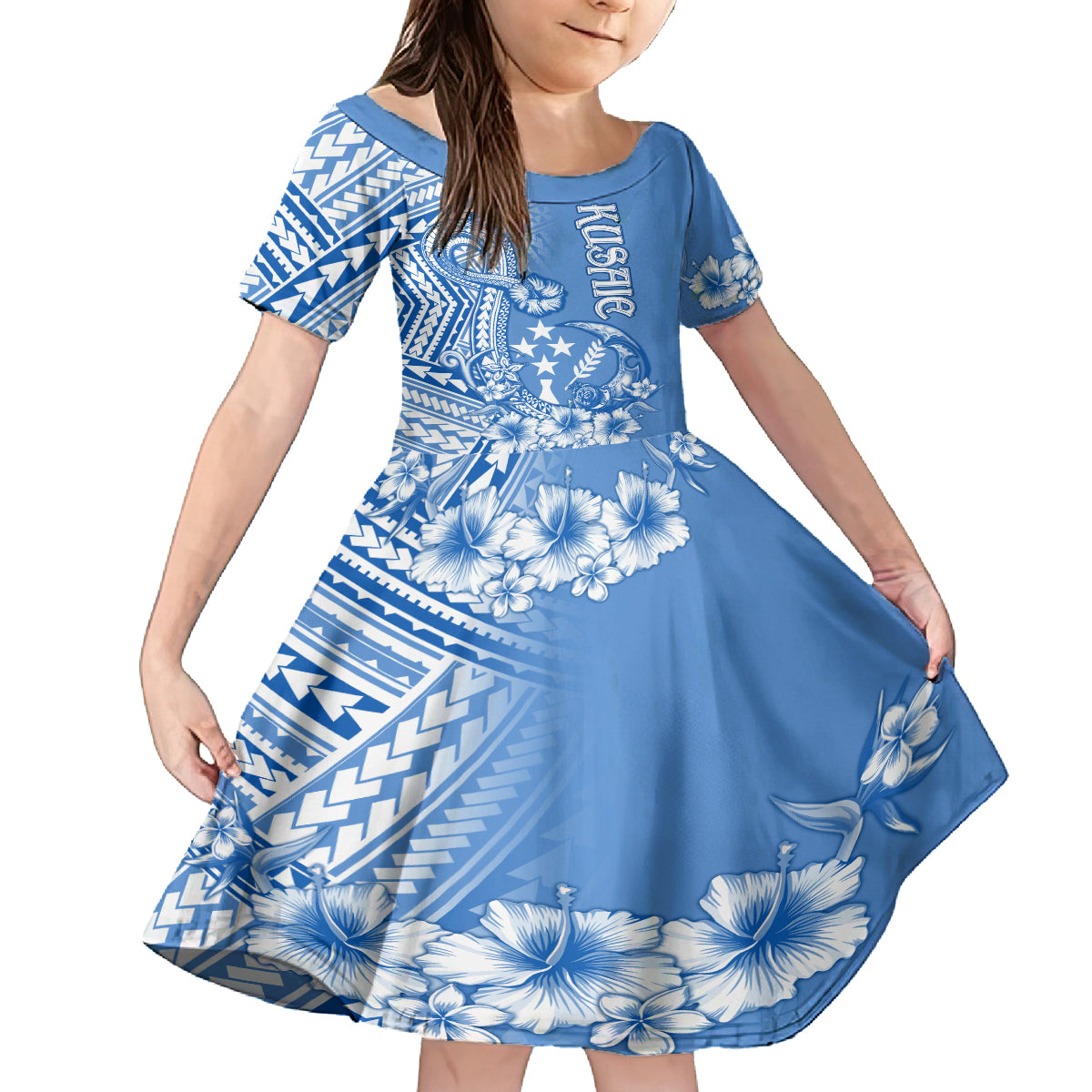 Kosrae Constitution Day Personalised Family Matching Tank Maxi Dress and Hawaiian Shirt Kusaie Hook Tattoo Special Polynesian Pattern LT9 Daughter's Dress Blue - Polynesian Pride