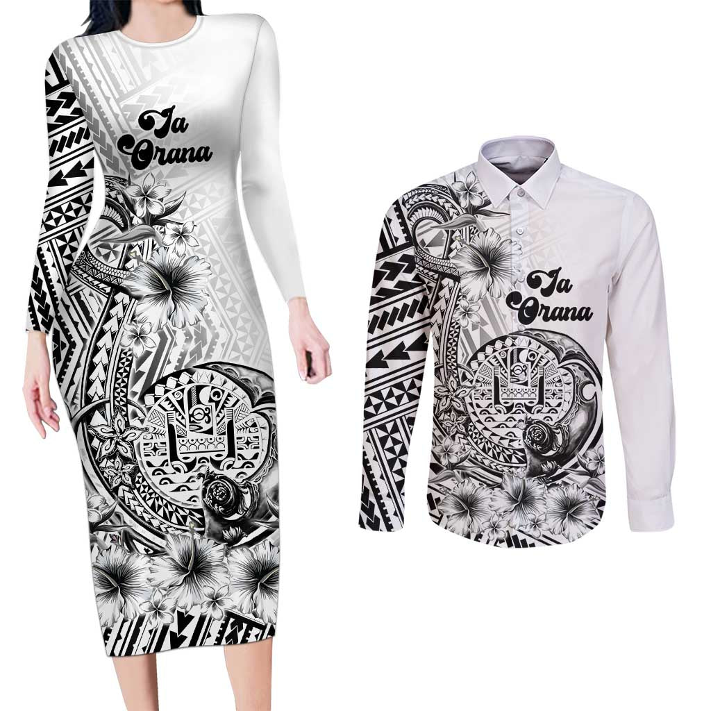 Ia Orana Tahiti Personalised Couples Matching Long Sleeve Bodycon Dress and Long Sleeve Button Shirt French Polynesia Hook Tattoo Special White Color LT9 White - Polynesian Pride