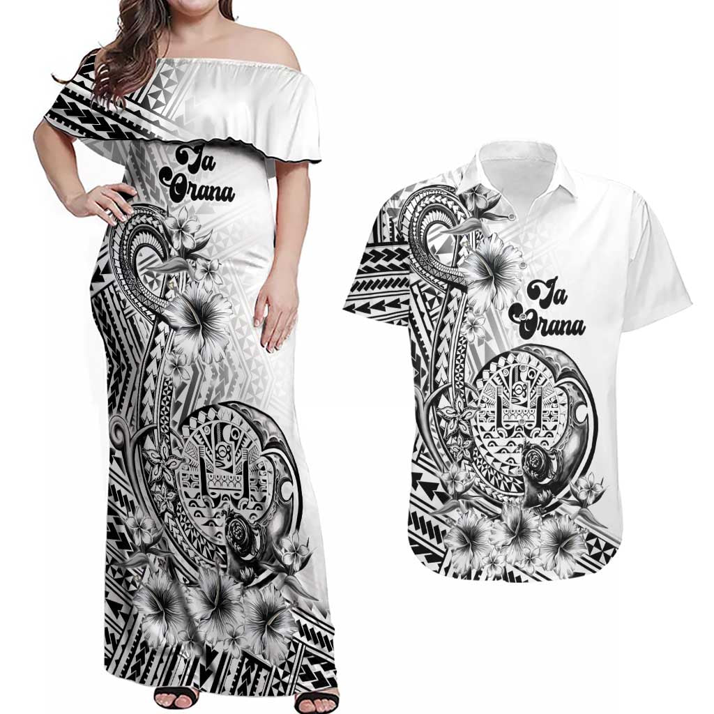 Ia Orana Tahiti Personalised Couples Matching Off Shoulder Maxi Dress and Hawaiian Shirt French Polynesia Hook Tattoo Special White Color LT9 White - Polynesian Pride