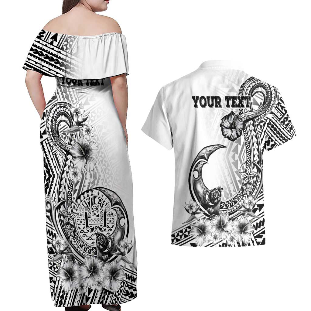 Ia Orana Tahiti Personalised Couples Matching Off Shoulder Maxi Dress and Hawaiian Shirt French Polynesia Hook Tattoo Special White Color LT9 - Polynesian Pride