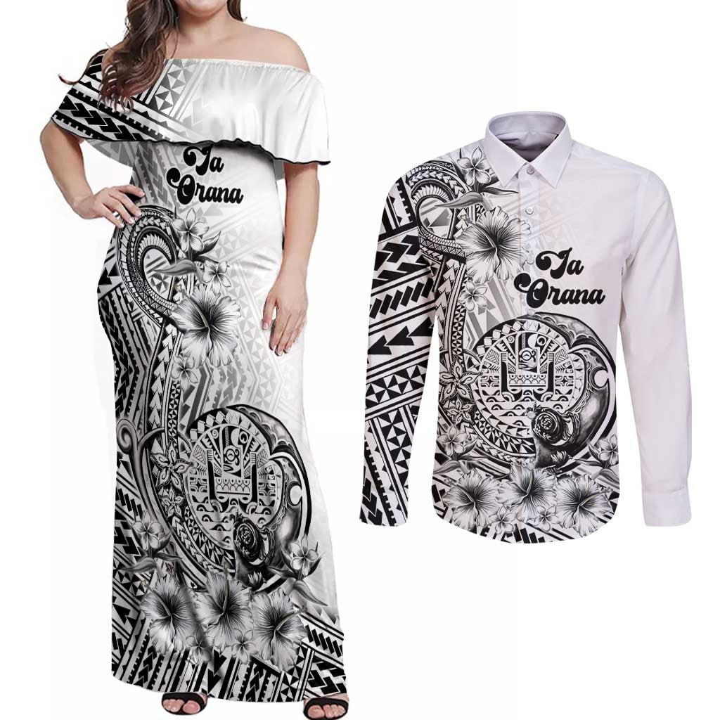 Ia Orana Tahiti Personalised Couples Matching Off Shoulder Maxi Dress and Long Sleeve Button Shirt French Polynesia Hook Tattoo Special White Color LT9 White - Polynesian Pride