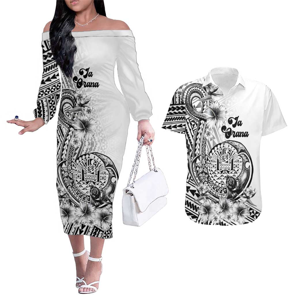 Ia Orana Tahiti Personalised Couples Matching Off The Shoulder Long Sleeve Dress and Hawaiian Shirt French Polynesia Hook Tattoo Special White Color LT9 White - Polynesian Pride