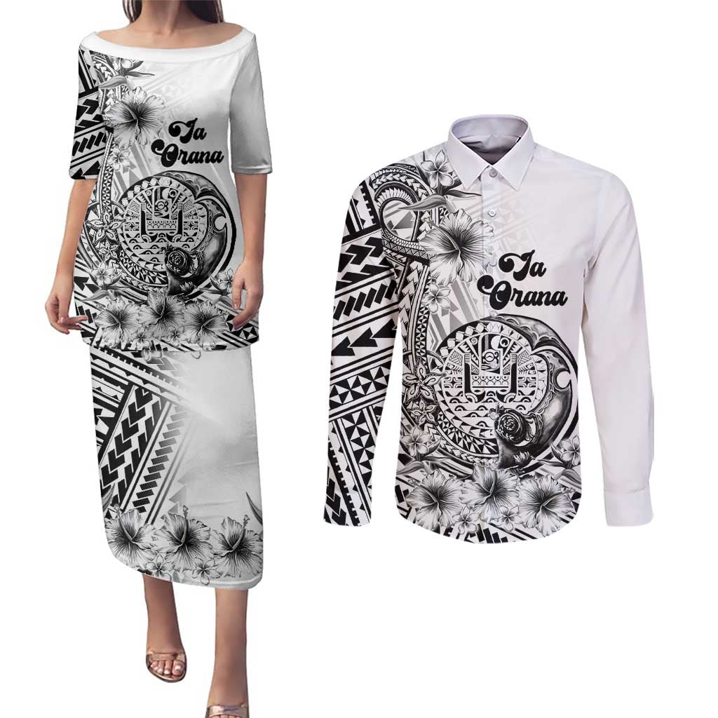 Ia Orana Tahiti Personalised Couples Matching Puletasi Dress and Long Sleeve Button Shirt French Polynesia Hook Tattoo Special White Color LT9 White - Polynesian Pride