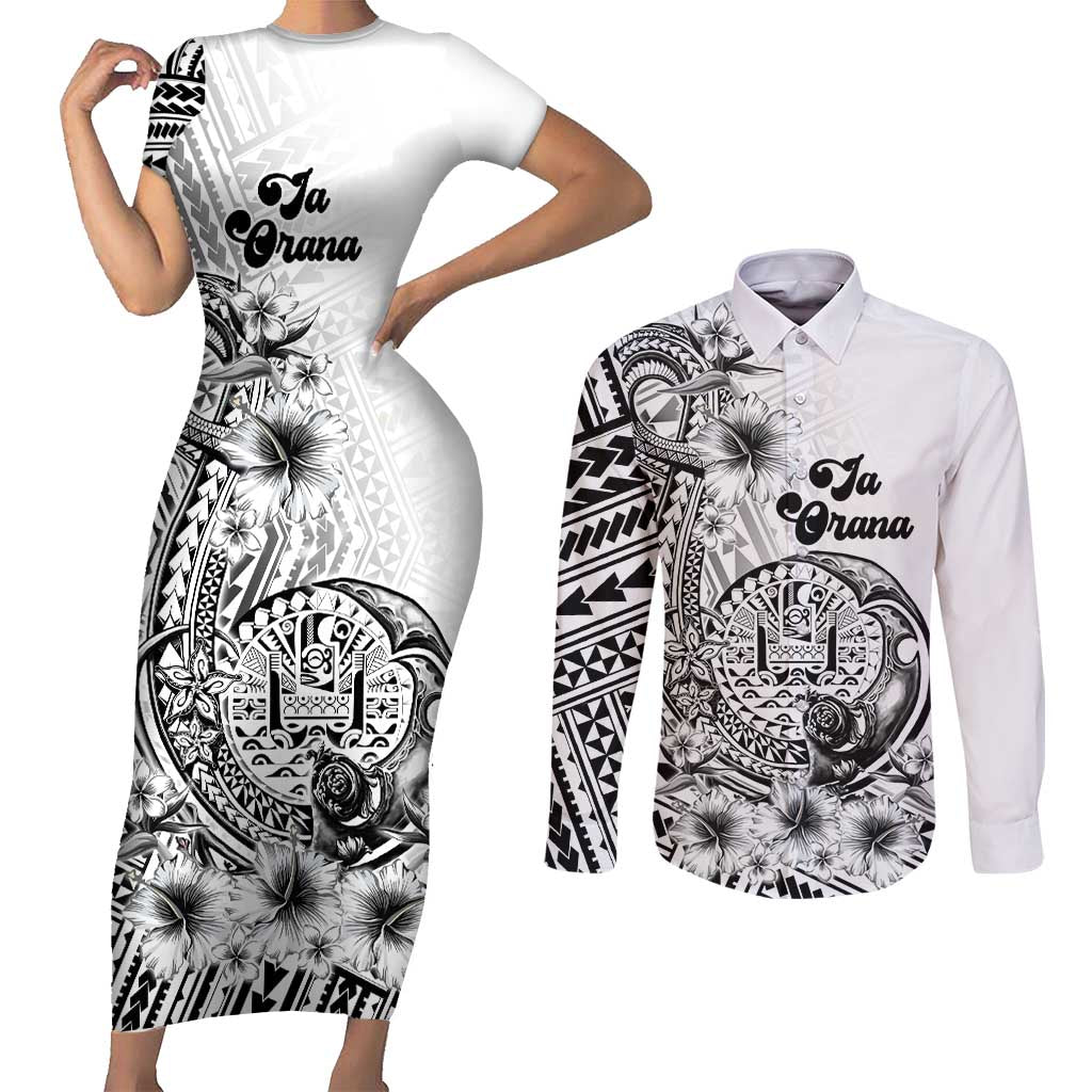 Ia Orana Tahiti Personalised Couples Matching Short Sleeve Bodycon Dress and Long Sleeve Button Shirt French Polynesia Hook Tattoo Special White Color LT9 White - Polynesian Pride