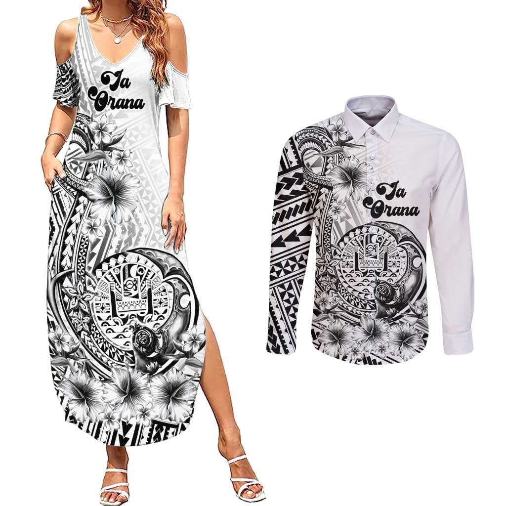 Ia Orana Tahiti Personalised Couples Matching Summer Maxi Dress and Long Sleeve Button Shirt French Polynesia Hook Tattoo Special White Color LT9 White - Polynesian Pride