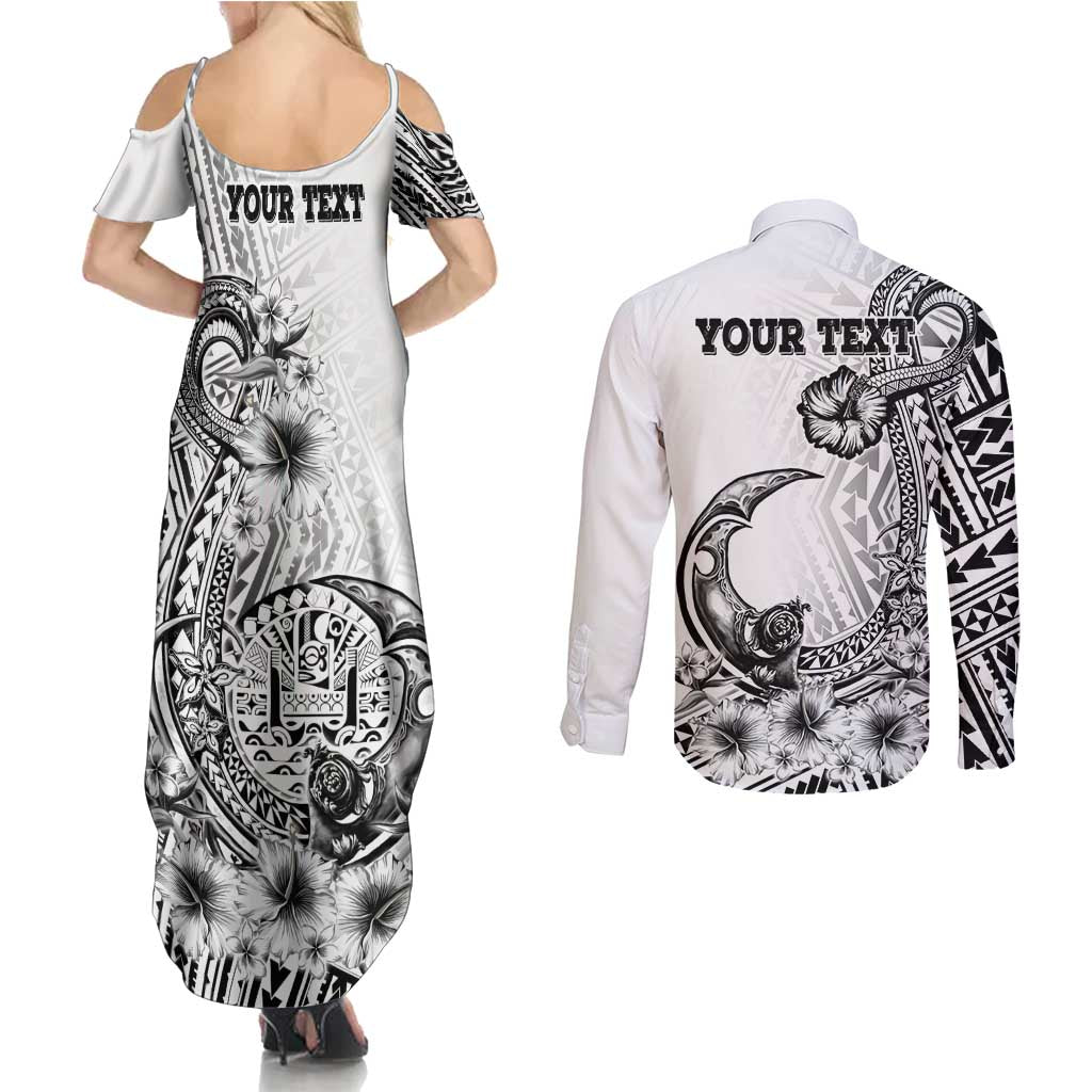 Ia Orana Tahiti Personalised Couples Matching Summer Maxi Dress and Long Sleeve Button Shirt French Polynesia Hook Tattoo Special White Color LT9 - Polynesian Pride