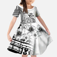 Ia Orana Tahiti Personalised Family Matching Long Sleeve Bodycon Dress and Hawaiian Shirt French Polynesia Hook Tattoo Special White Color LT9 Daughter's Dress White - Polynesian Pride