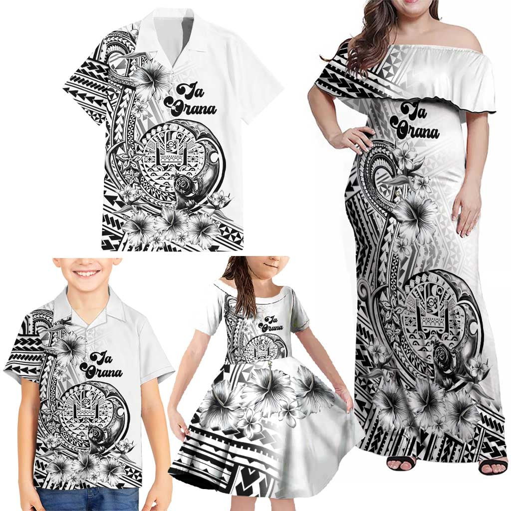 Ia Orana Tahiti Personalised Family Matching Off Shoulder Maxi Dress and Hawaiian Shirt French Polynesia Hook Tattoo Special White Color LT9 - Polynesian Pride