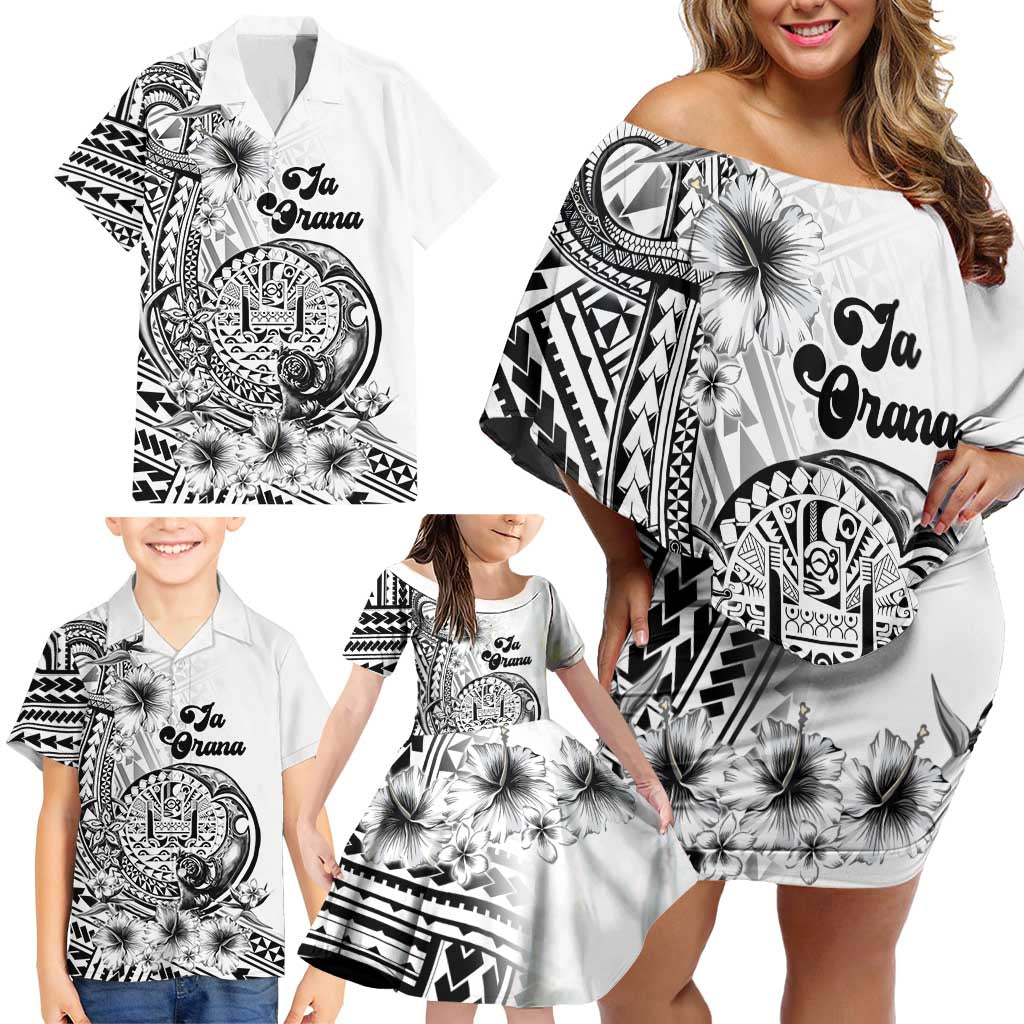 Ia Orana Tahiti Personalised Family Matching Off Shoulder Short Dress and Hawaiian Shirt French Polynesia Hook Tattoo Special White Color LT9 - Polynesian Pride