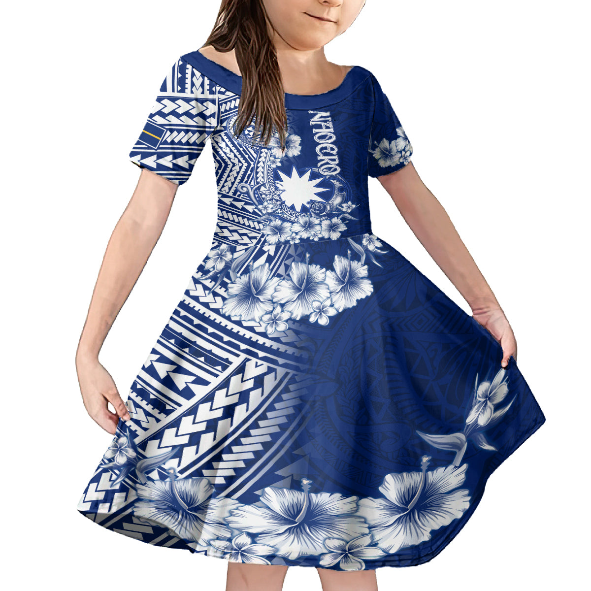 Nauru Independence Personalised Family Matching Summer Maxi Dress and Hawaiian Shirt Naoero Hook Tattoo Special Polynesian Pattern LT9 Daughter's Dress Blue - Polynesian Pride