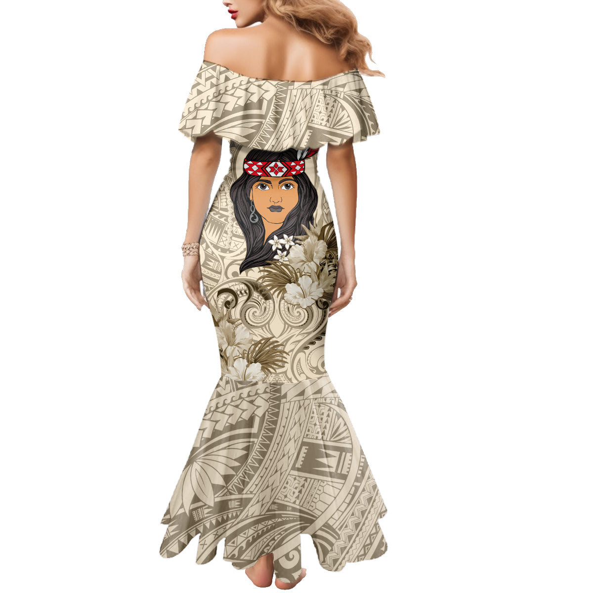 Personalized New Zealand Women's Day Family Matching Mermaid Dress and Hawaiian Shirt Maori Girl Feathers of Hope - Beige LT9 - Polynesian Pride