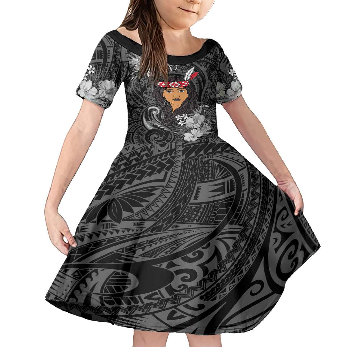 New Zealand Custom Women's Day Family Matching Puletasi and Hawaiian Shirt Maori Girl Feathers of Hope - Black LT9 Daughter's Dress Black - Polynesian Pride