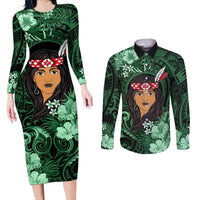 New Zealand Custom Women's Day Couples Matching Long Sleeve Bodycon Dress and Long Sleeve Button Shirt Maori Girl Feathers of Hope - Green LT9 Green - Polynesian Pride