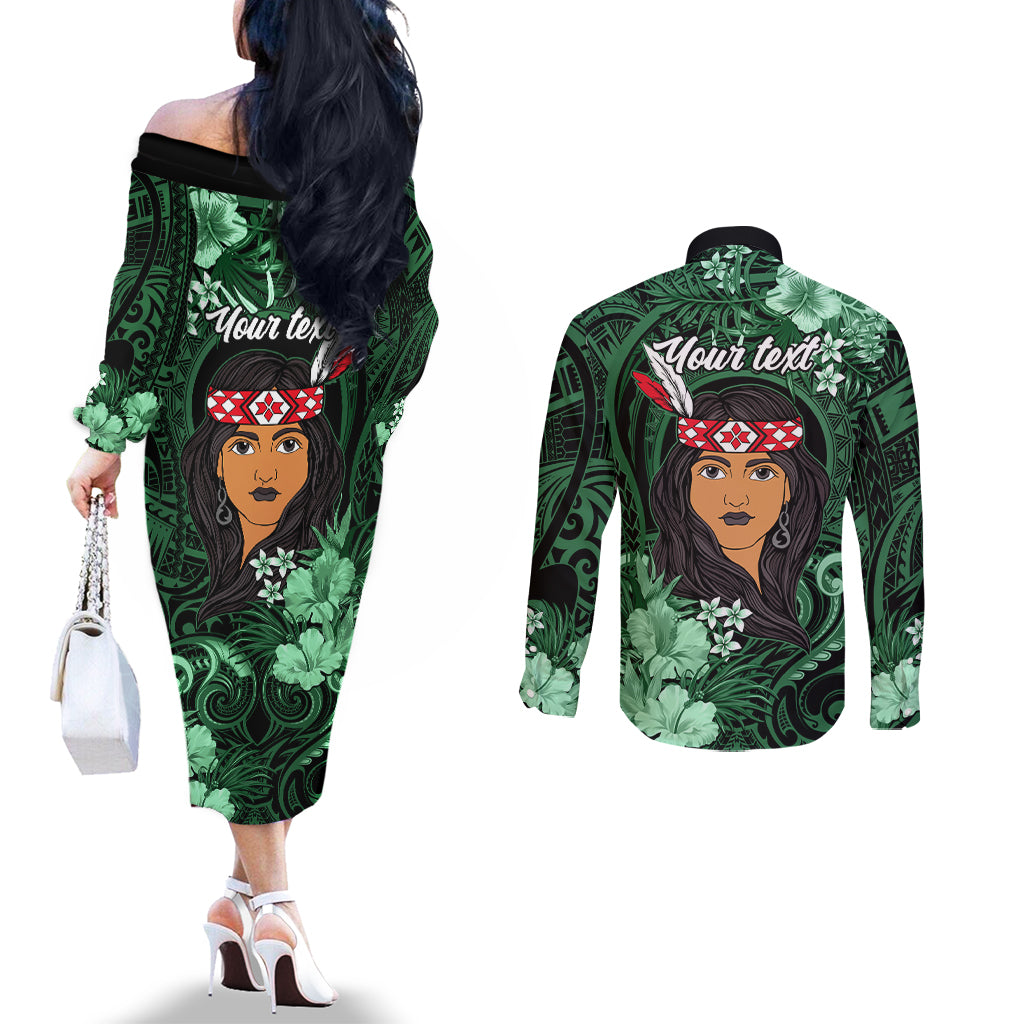New Zealand Custom Women's Day Couples Matching Off The Shoulder Long Sleeve Dress and Long Sleeve Button Shirt Maori Girl Feathers of Hope - Green LT9 - Polynesian Pride
