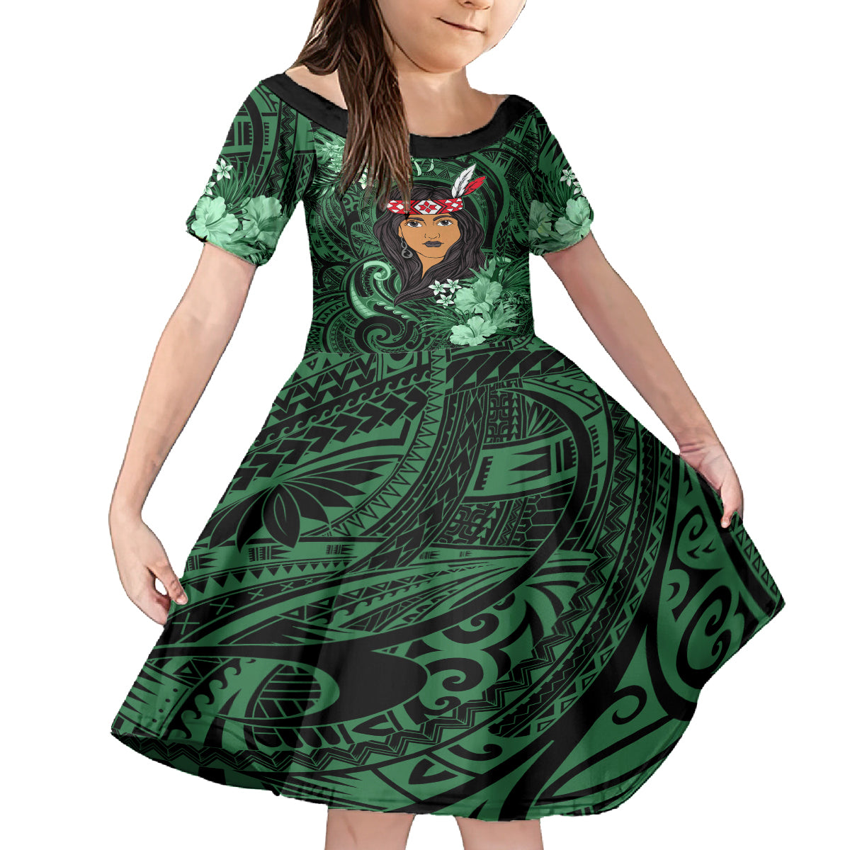 New Zealand Custom Women's Day Family Matching Long Sleeve Bodycon Dress and Hawaiian Shirt Maori Girl Feathers of Hope - Green LT9 Daughter's Dress Green - Polynesian Pride