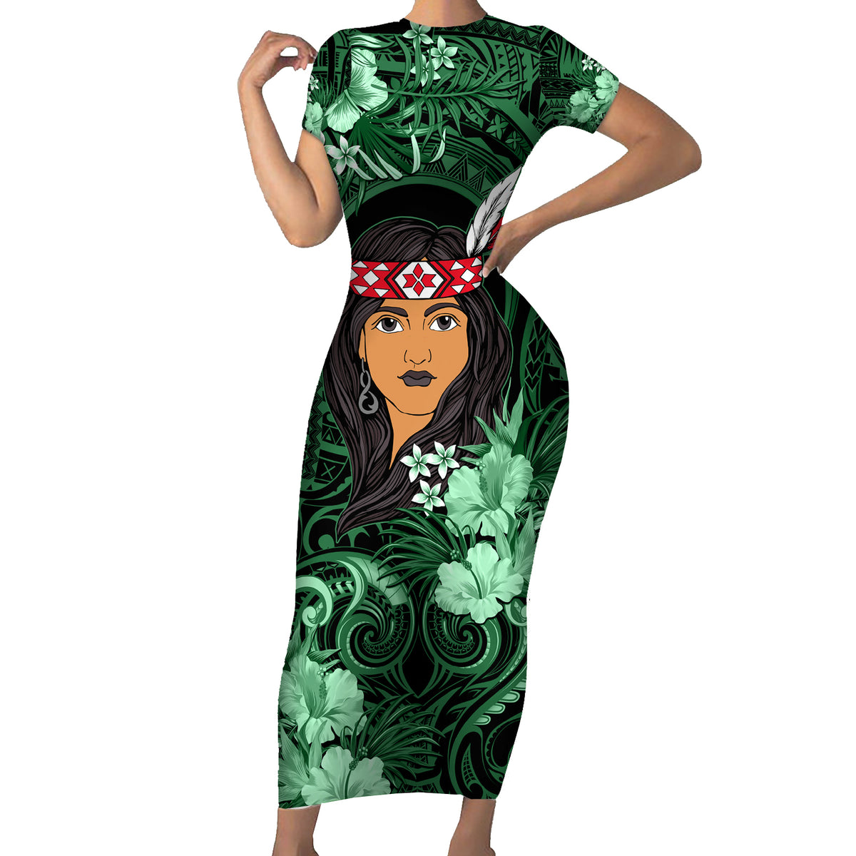 New Zealand Custom Women's Day Short Sleeve Bodycon Dress Maori Girl Feathers of Hope - Green LT9 Long Dress Green - Polynesian Pride