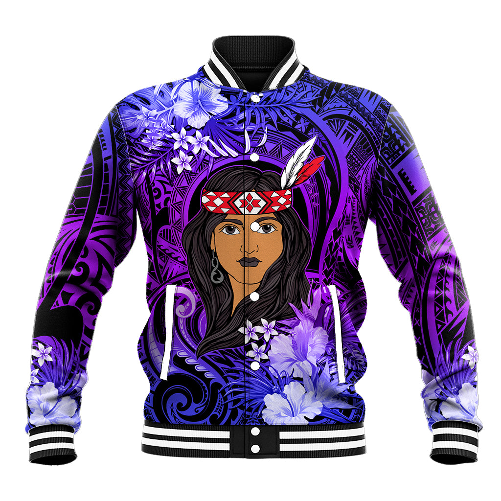 New Zealand Custom Women's Day Baseball Jacket Maori Girl Feathers of Hope - Purple LT9 Unisex Purple - Polynesian Pride