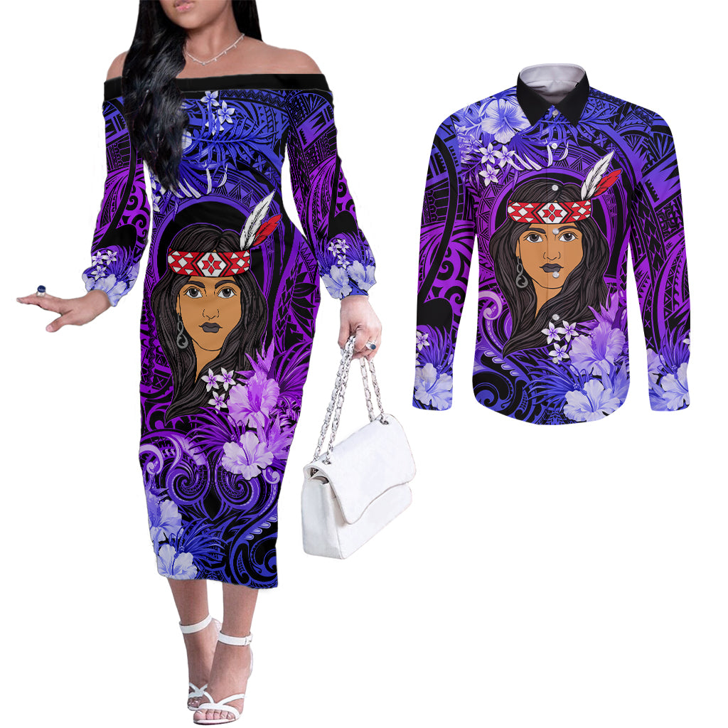 New Zealand Custom Women's Day Couples Matching Off The Shoulder Long Sleeve Dress and Long Sleeve Button Shirt Maori Girl Feathers of Hope - Purple LT9 Purple - Polynesian Pride