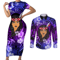 New Zealand Custom Women's Day Couples Matching Short Sleeve Bodycon Dress and Long Sleeve Button Shirt Maori Girl Feathers of Hope - Purple LT9 Purple - Polynesian Pride