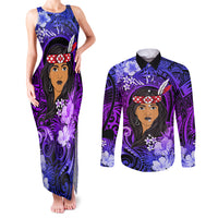 New Zealand Custom Women's Day Couples Matching Tank Maxi Dress and Long Sleeve Button Shirt Maori Girl Feathers of Hope - Purple LT9 Purple - Polynesian Pride