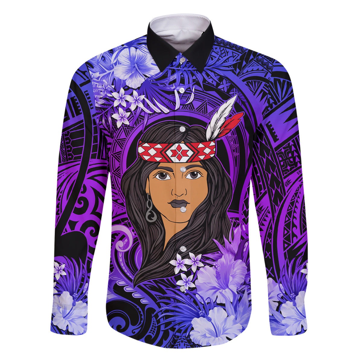 New Zealand Custom Women's Day Family Matching Mermaid Dress and Hawaiian Shirt Maori Girl Feathers of Hope - Purple LT9 Dad's Shirt - Long Sleeve Purple - Polynesian Pride