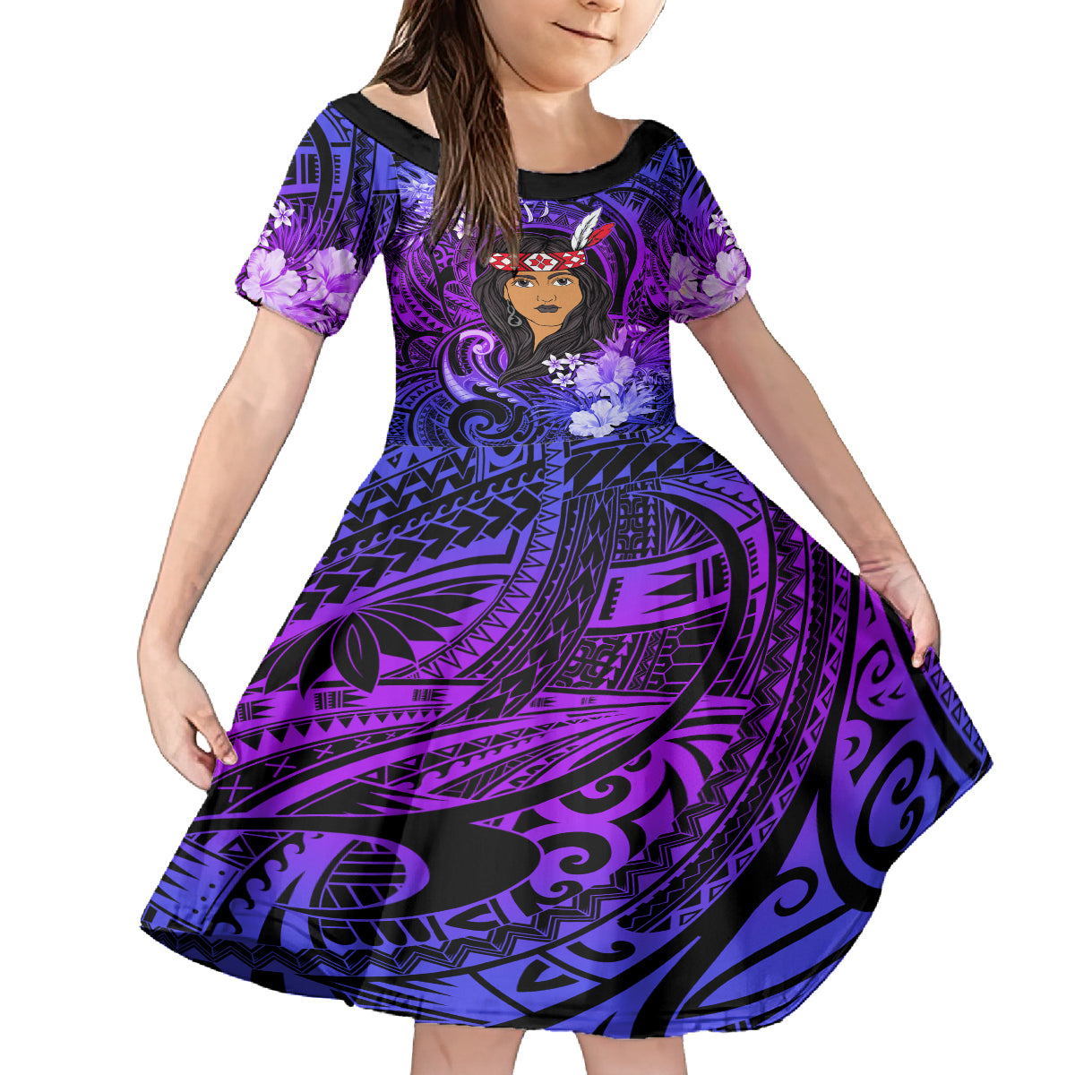 New Zealand Custom Women's Day Family Matching Puletasi and Hawaiian Shirt Maori Girl Feathers of Hope - Purple LT9 Daughter's Dress Purple - Polynesian Pride