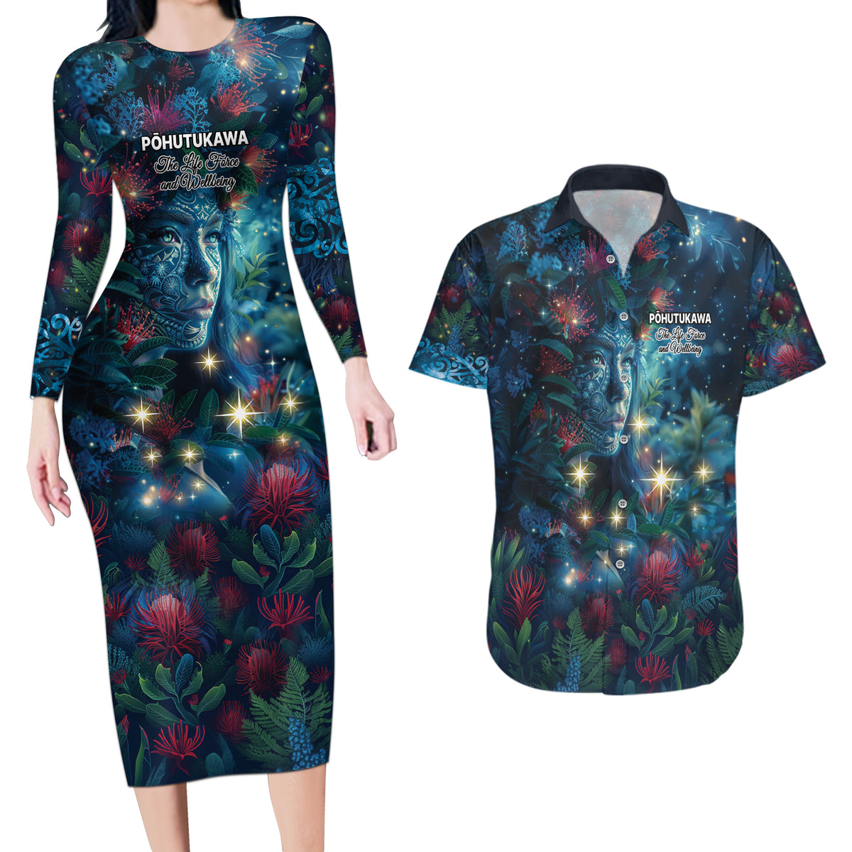 New Zealand Matariki Pohutukawa Couples Matching Long Sleeve Bodycon Dress and Hawaiian Shirt Te Mauri te Ora LT9 Art - Polynesian Pride